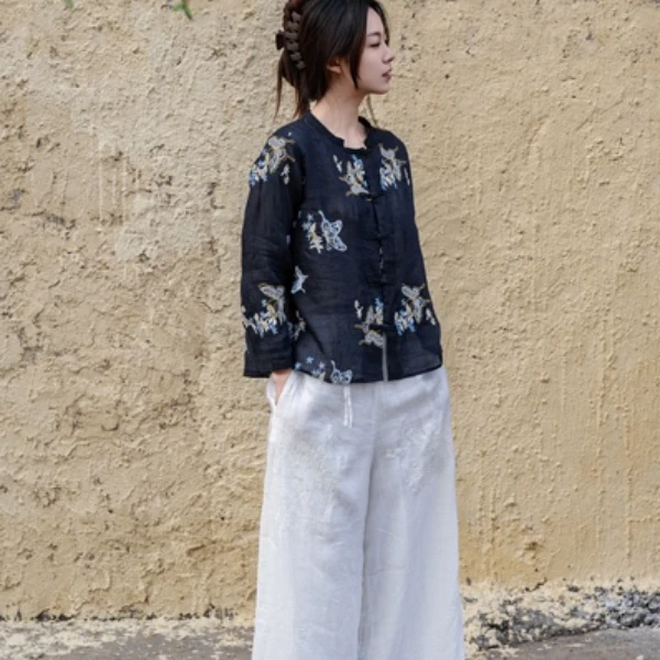 复古文艺纯色设计领口蝴蝶花朵重工满绣苎麻小衫 CY  9587