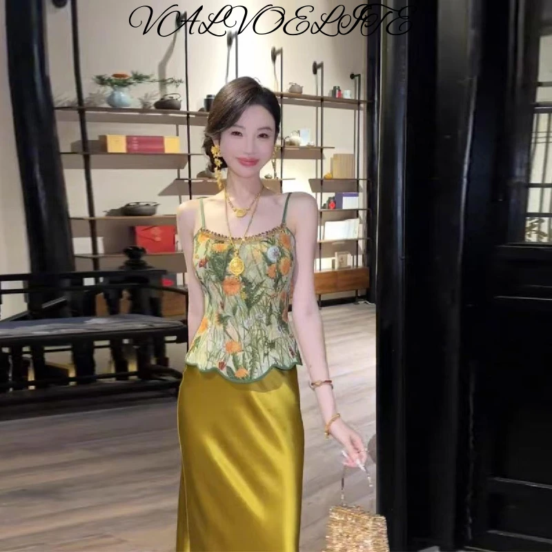 VALVOELITE潮流女装套装新中式国风复古印花背心吊带上衣高腰半身