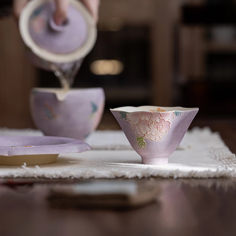 亘古粉引牡丹主人杯家用泡茶碗不烫手品茗杯茶具堆绘紫色粉彩茶杯
