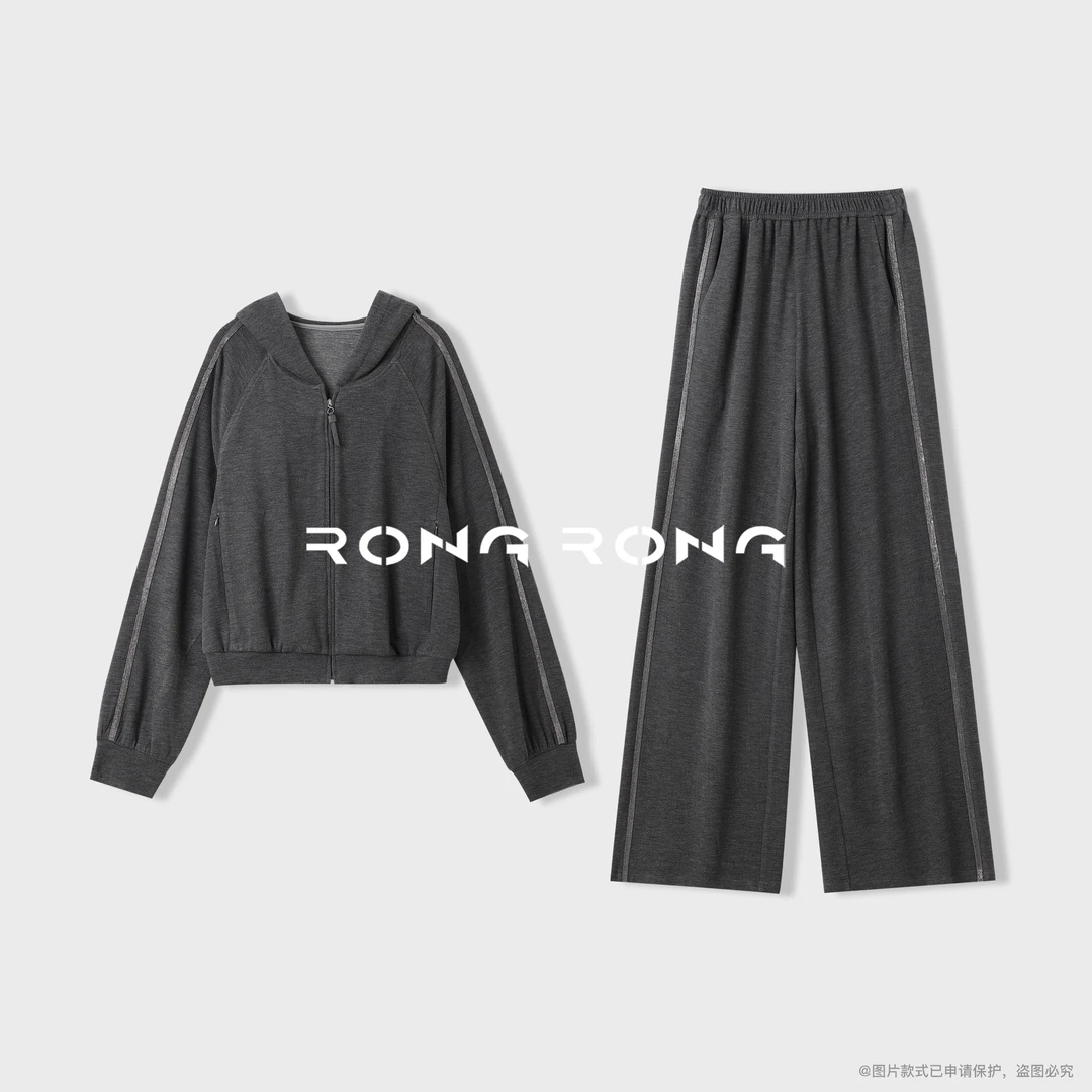 溶溶【格雷高知】RONG 织带侧边运动风连帽卫衣外套裤子套装js678-1