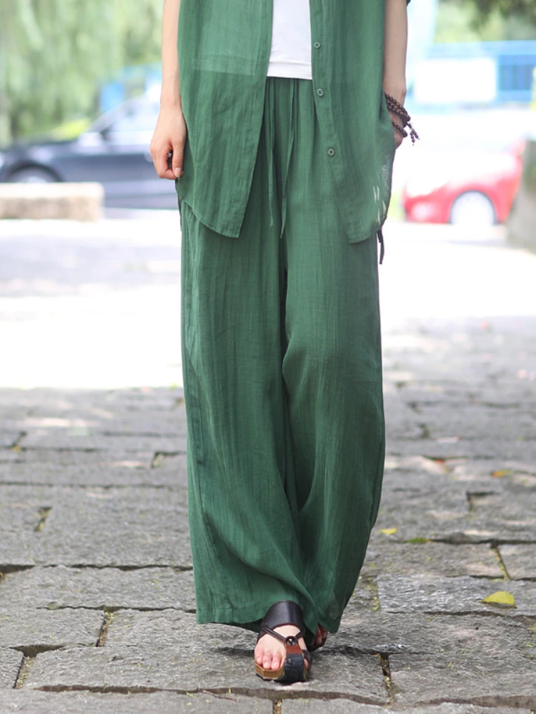 小镇阿布肌理感苎麻春夏阔腿裤大码女装高腰文艺棉麻休闲裤8053