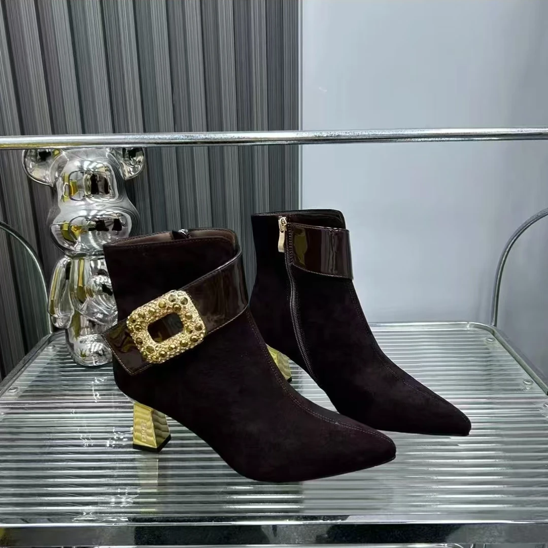 2706-美拉德风水钻尖头高跟短靴女冬新款裸靴粗跟瘦瘦靴子-AL