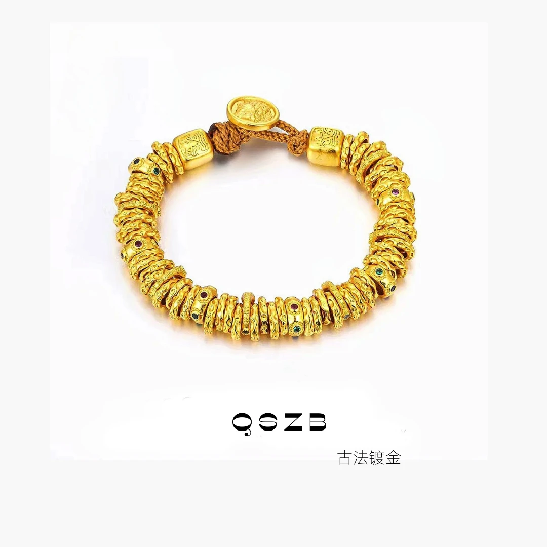 铜合金手链 国风古法镀金锤纹金圈手工腰缠万贯盘缠手链男女手绳
