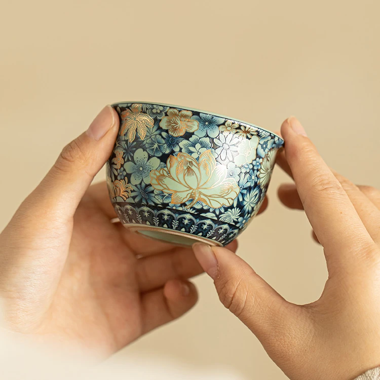 掐金牡丹主人杯当代汝窑繁花缸杯中式茶杯功夫茶具品茗杯 A9641