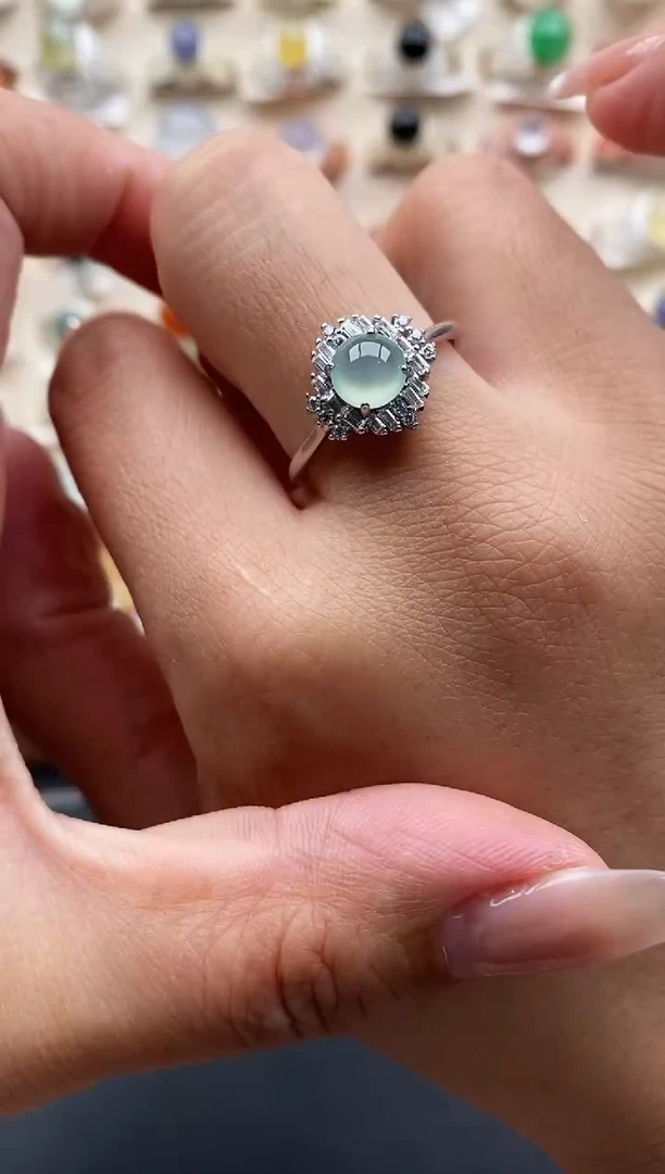 银S925镶嵌戒指翡翠缅甸天然A货翡翠2  5-10