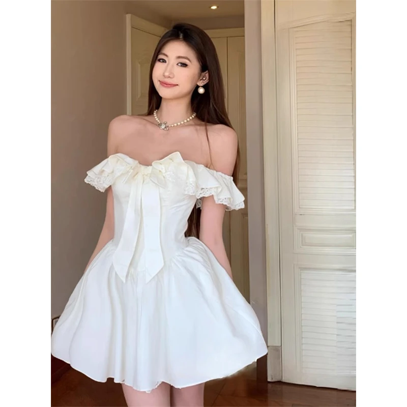 法式蕾丝边蝴蝶结一字肩连衣裙女2025夏季新款甜美公主裙蓬蓬短裙