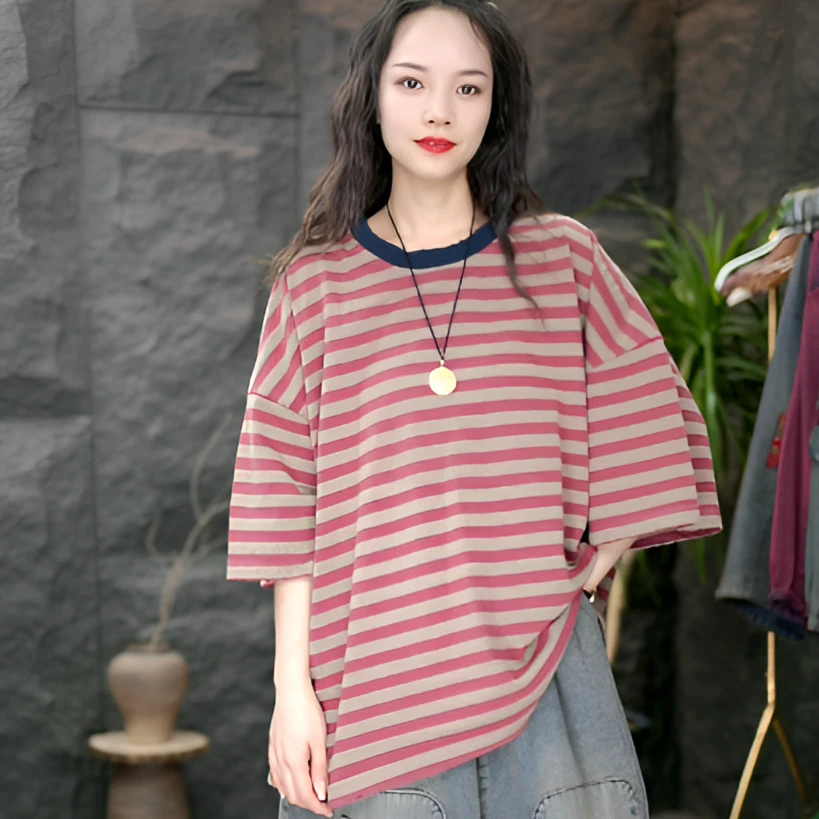 JJ短袖宽松型休闲风圆领条纹T恤宽松设计感套装拼色撞色