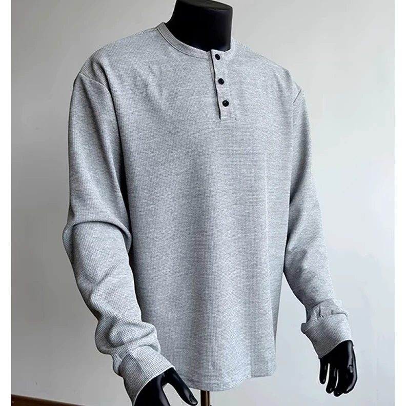 2025秋冬新款亨利领长袖T恤男休闲运动华夫格Polo衫T恤衫上衣男士