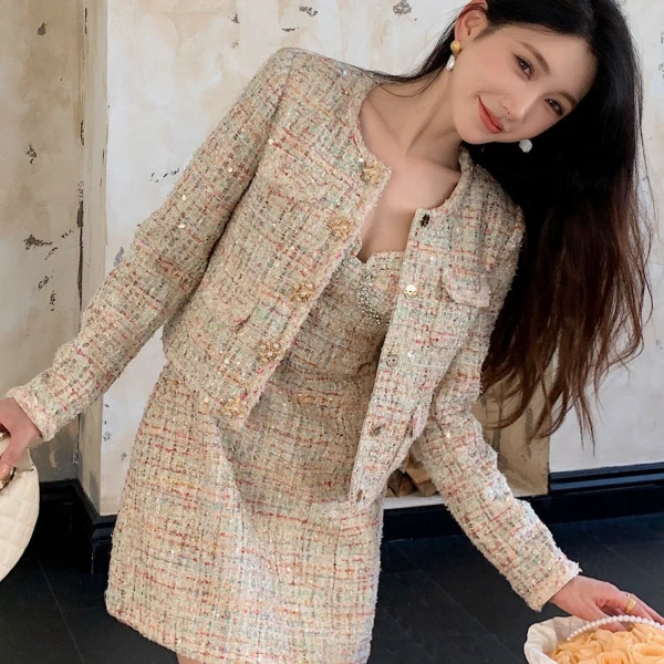 USHARK新款高级感法式小香风重工镶钻编织花呢圆领背心裙秋冬款