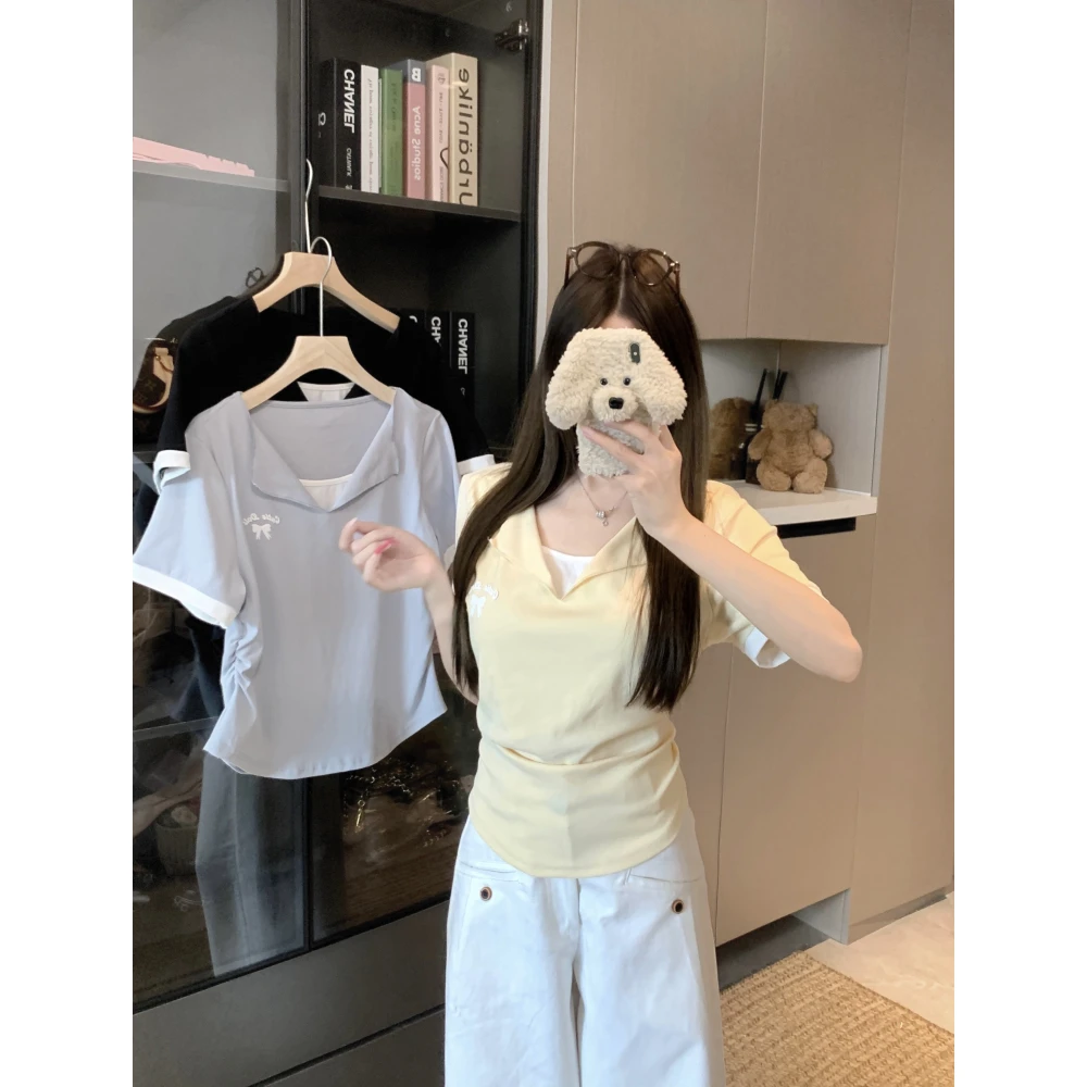 清大码女2025夏季新款气质假两件翻领T恤微胖mm显瘦百搭上衣80026