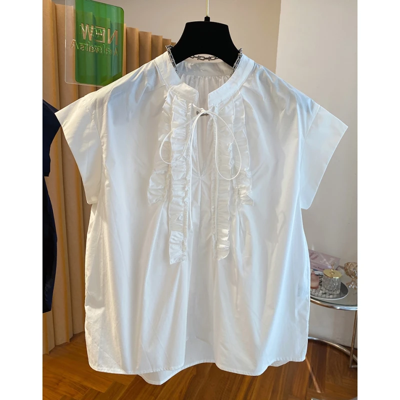 高级感白色小飞袖衬衫女夏季2025新款宽松木耳边超好看棉质上衣