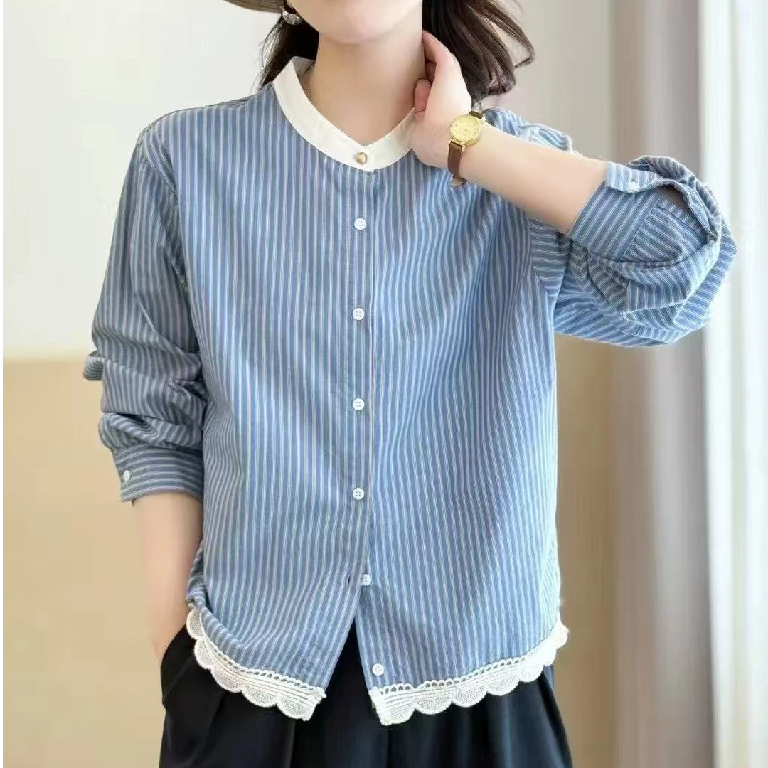 8590春夏季新款撞色气质韩系条纹小衫圆领甜美百搭衬衫女