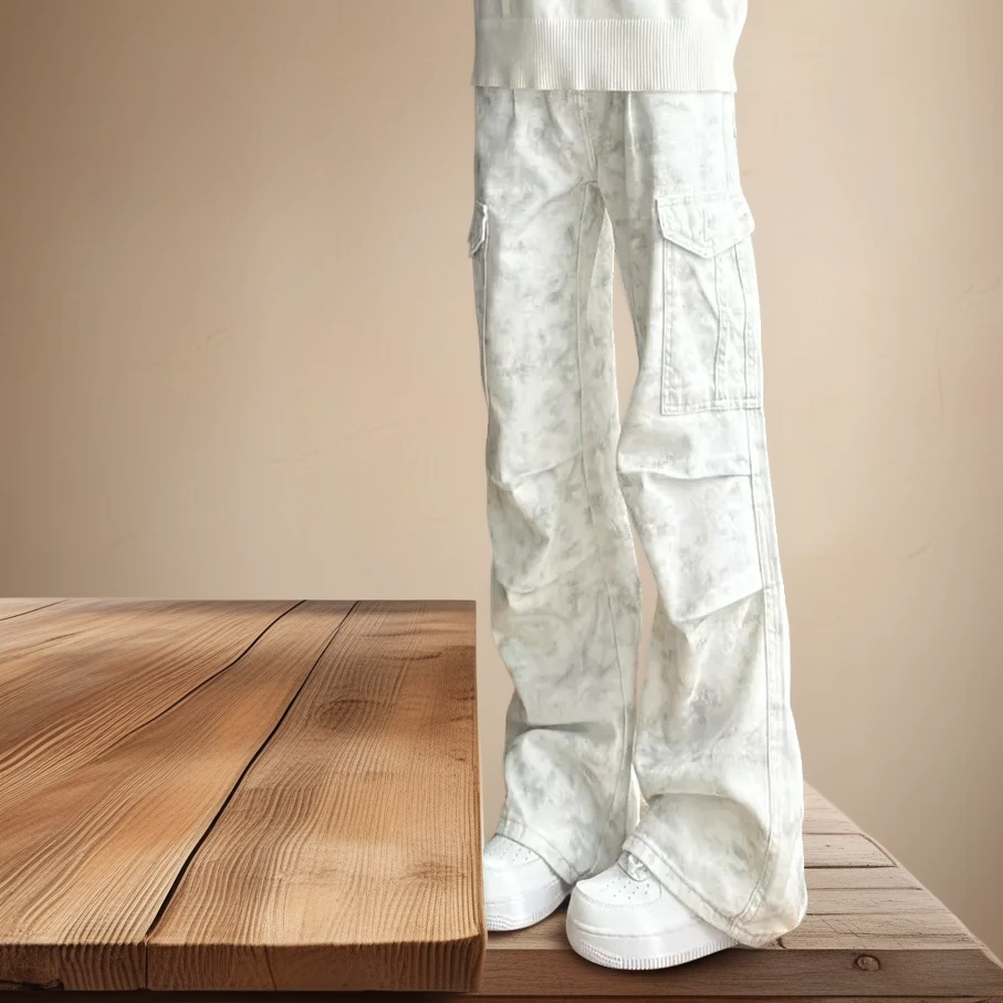 美式cleanfit扎染多口袋工装牛仔裤男春季高街vibe裤子直筒阔腿裤