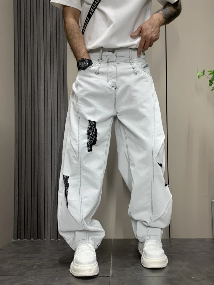 2025新款美式欧若风休闲复古破洞牛仔裤男士宽松直筒痞帅阔腿弯刀