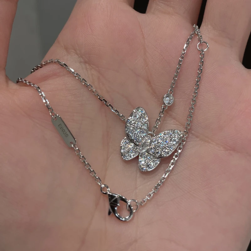 坠链均925银合成锆石 高定白金色蝴蝶满钻项链总长45cm