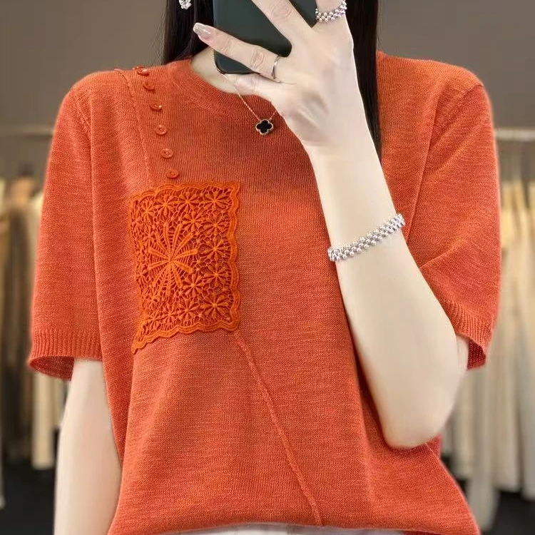 竹节麻圆领针织短袖女镂空套头钩花8230