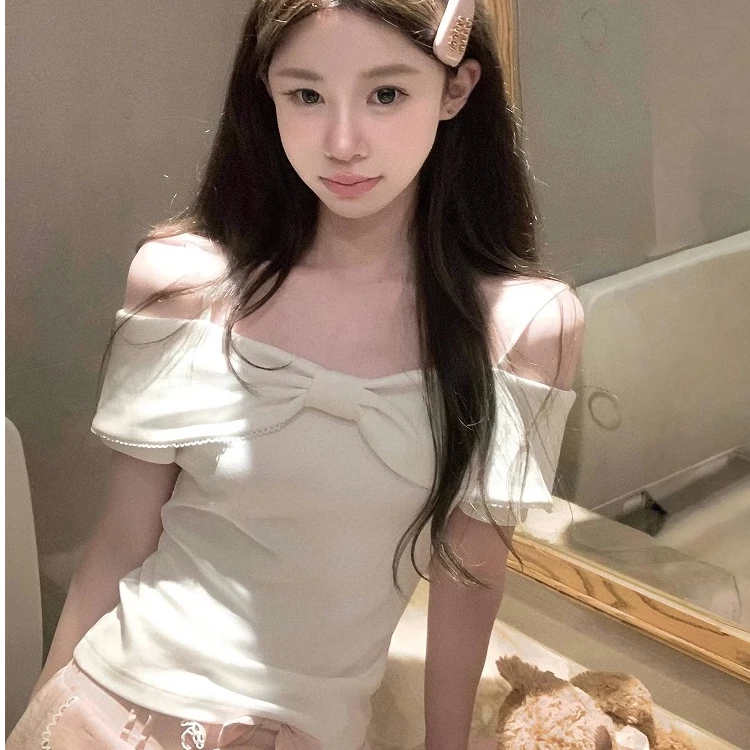 小心结设计感褶皱小众上衣纯欲修身短袖T恤女2025新款一字肩露肩