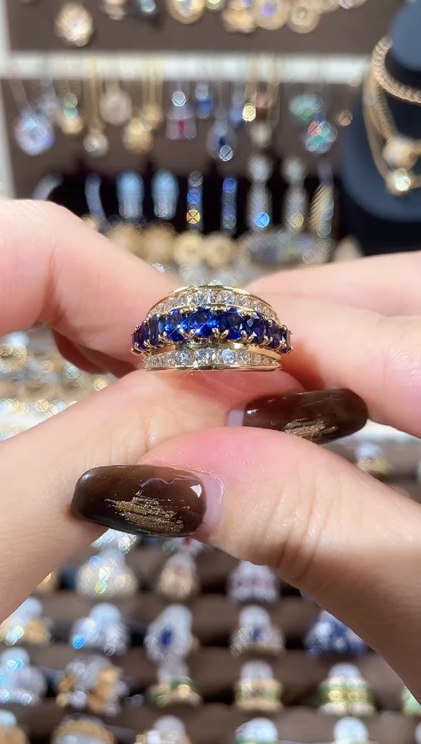 戒指蓝宝石18K金镶嵌18K黄蓝宝双排钻石穹顶戒指14