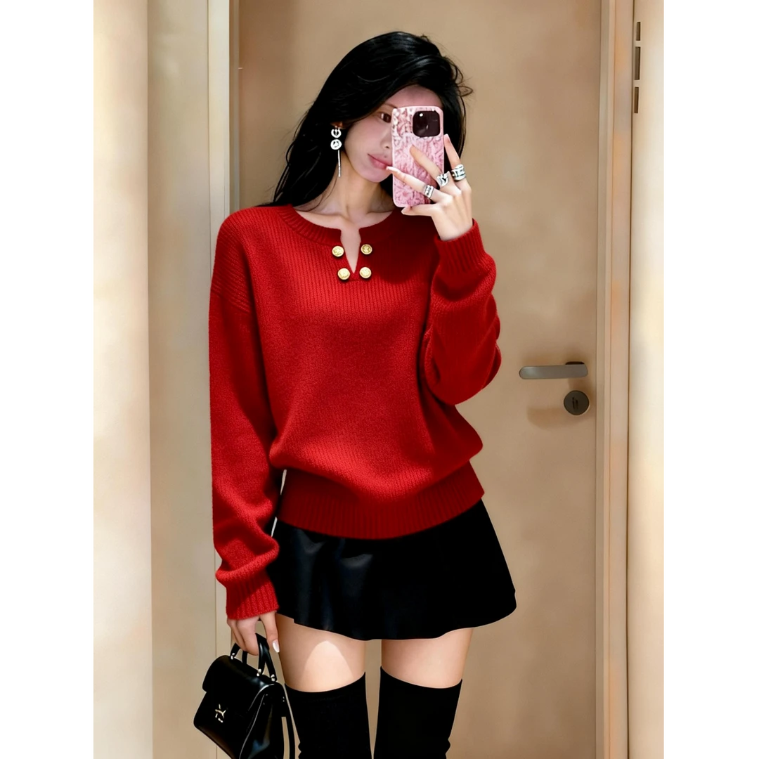 2025冬季新款氛围感红色上衣设计感洋气绝美显瘦长袖毛衣针织衫女