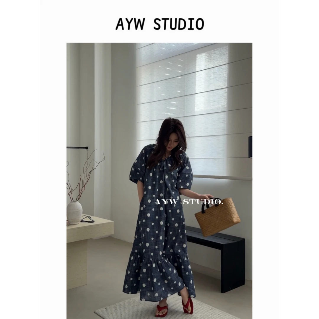 【AYW】‘深海碎月’复古格纹立体波点V领宽松显瘦气质款荷叶边连衣裙