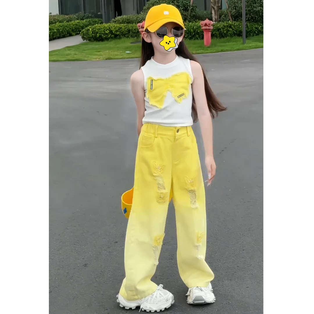 女童时髦多巴胺背心套装大童女孩爵士街舞T恤短款露脐儿童服装