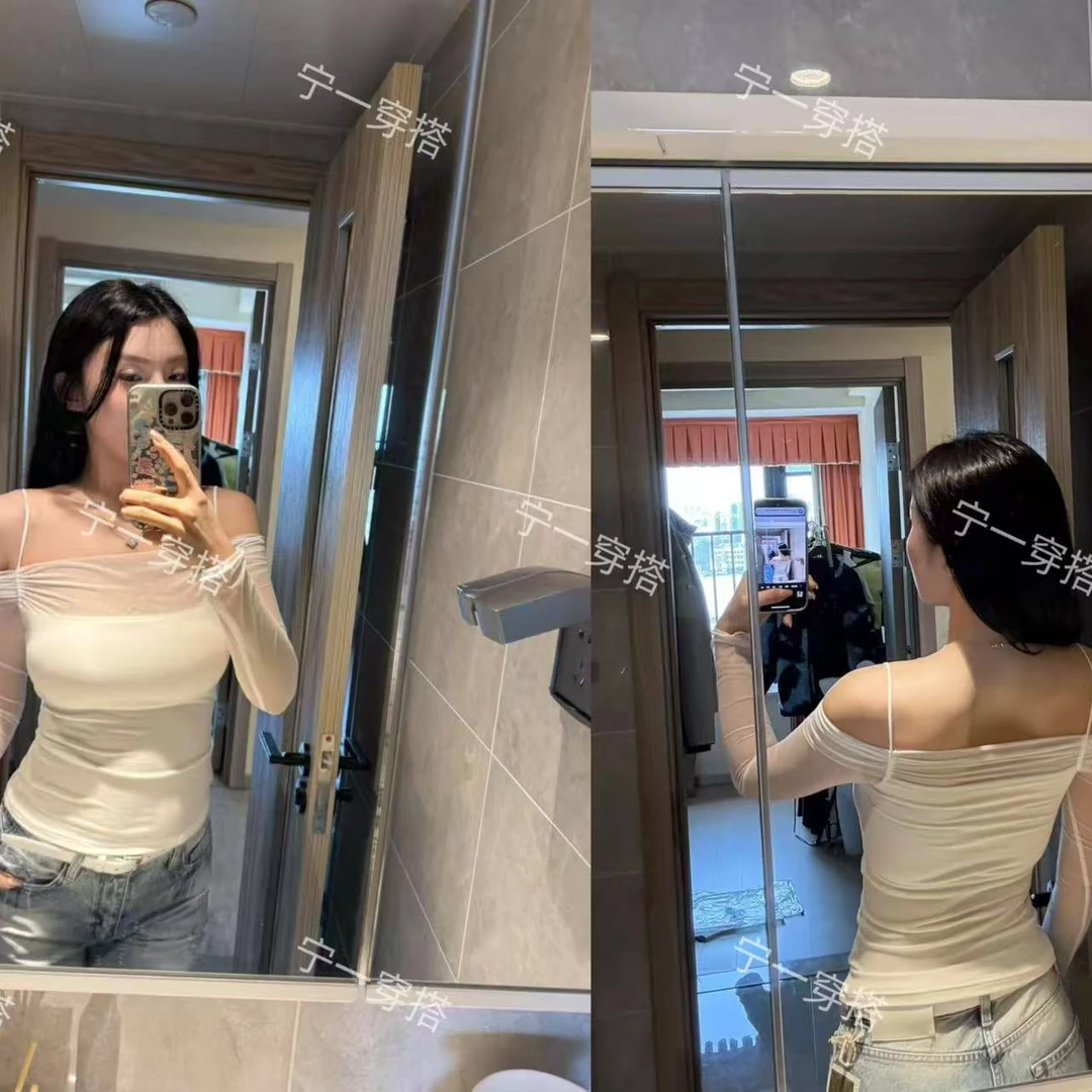 NY8028 设计感网纱拼接一字肩长袖T辣妹打底衫显瘦宁一带胸垫上衣