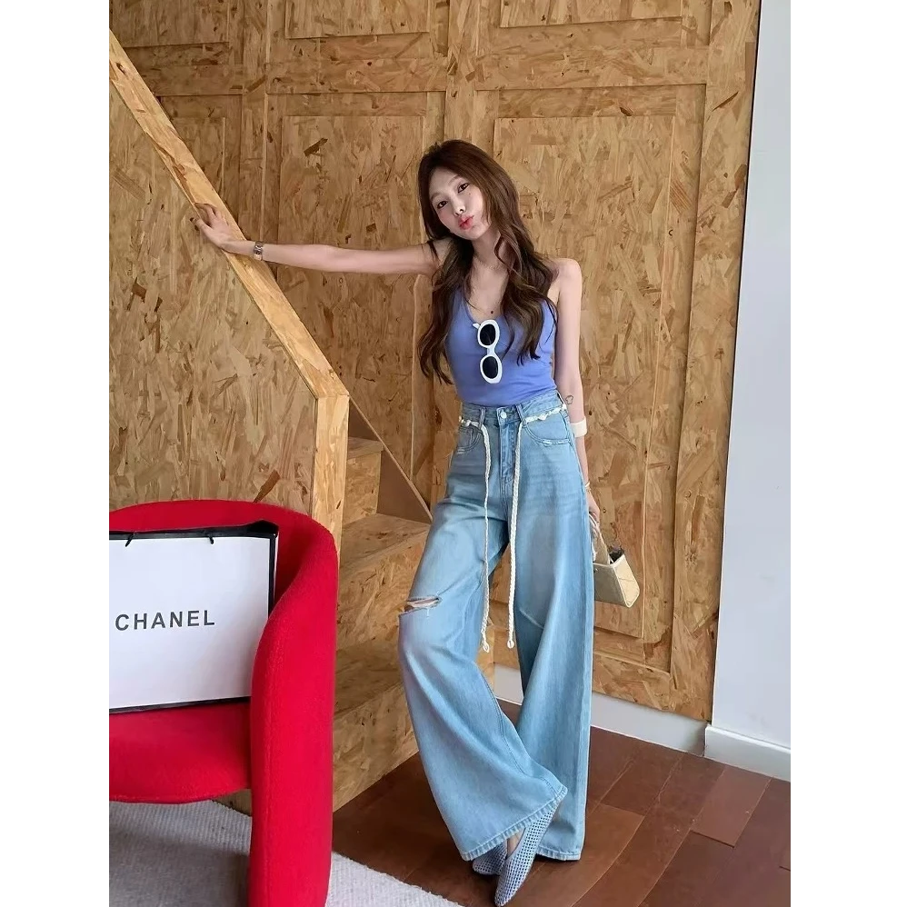 新款时尚宽松轻薄垂感破洞牛仔裤6222