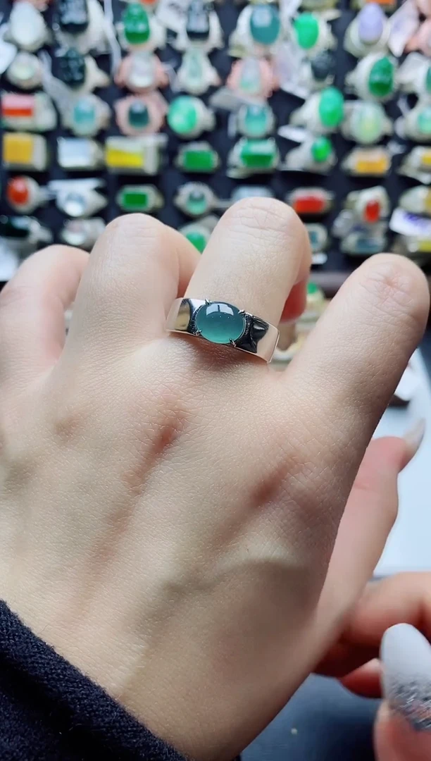 银S925镶嵌戒指翡翠天然A货翡翠男戒