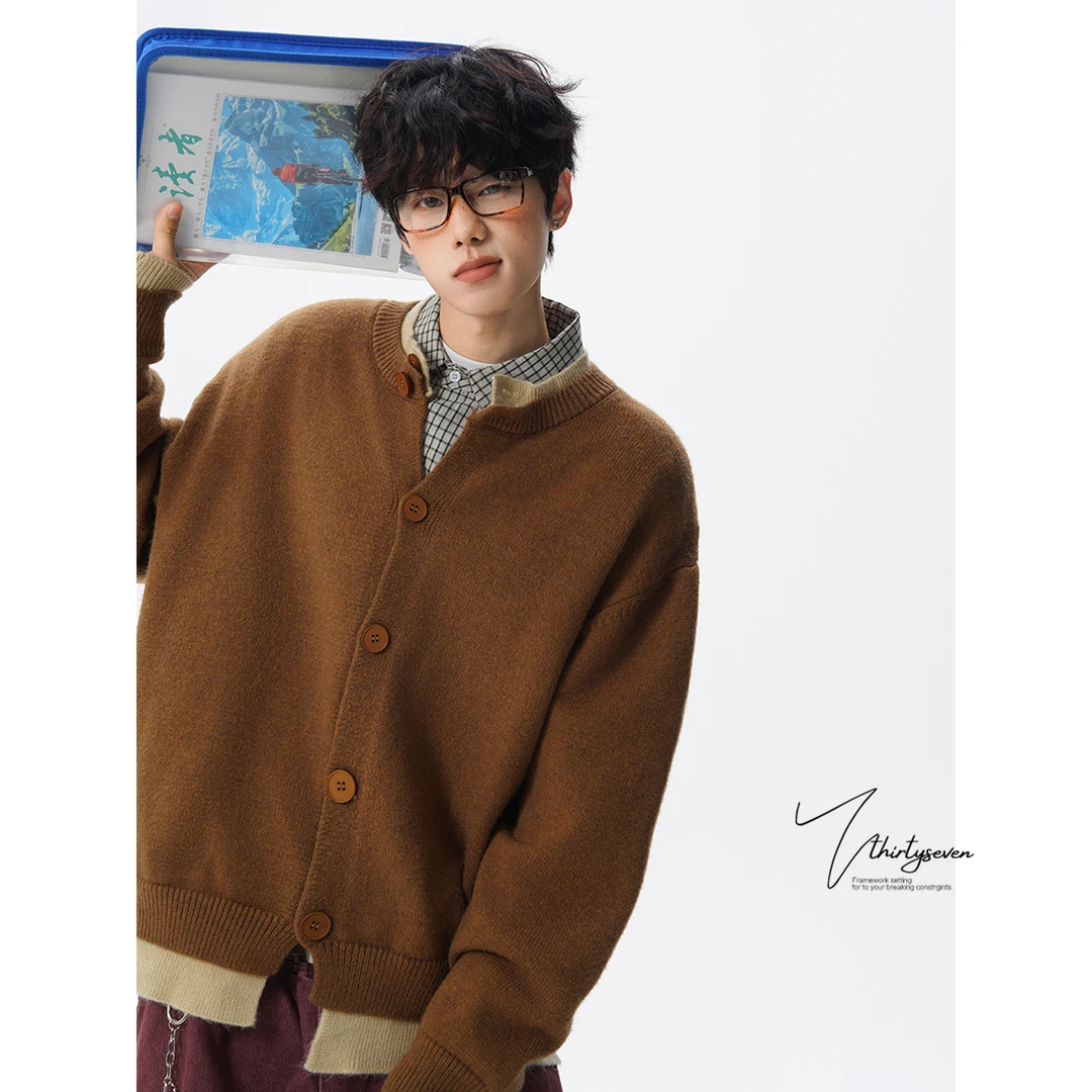 V37美式复古美拉德棕假两件针织衫男秋季宽松慵懒风情侣毛衣开衫