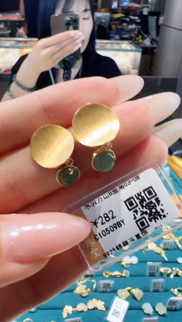 银S925镀金镶嵌和田玉耳环@@