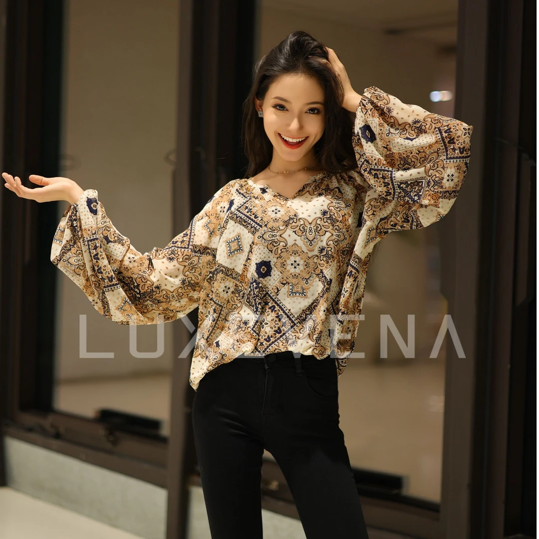 复古时髦印花波西米亚风休闲长袖t恤女上衣