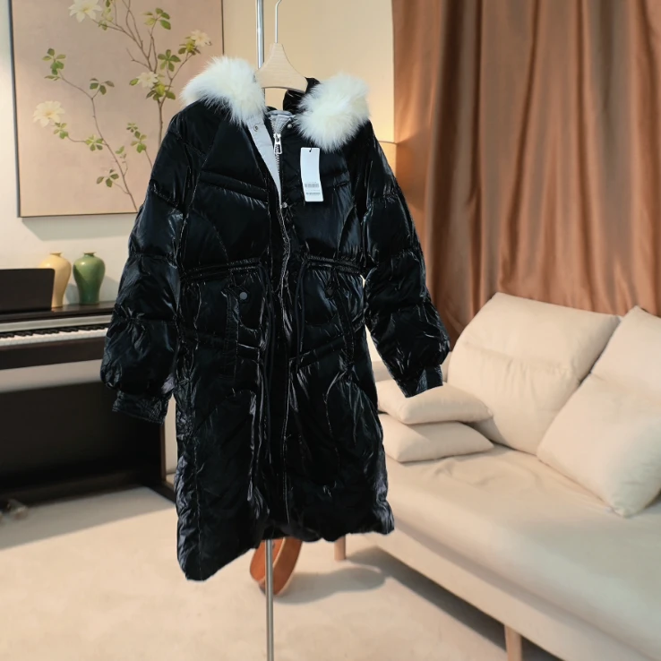 G320 可拆卸狐狸毛领长款抽绳收腰连帽羽绒服女 43XD78