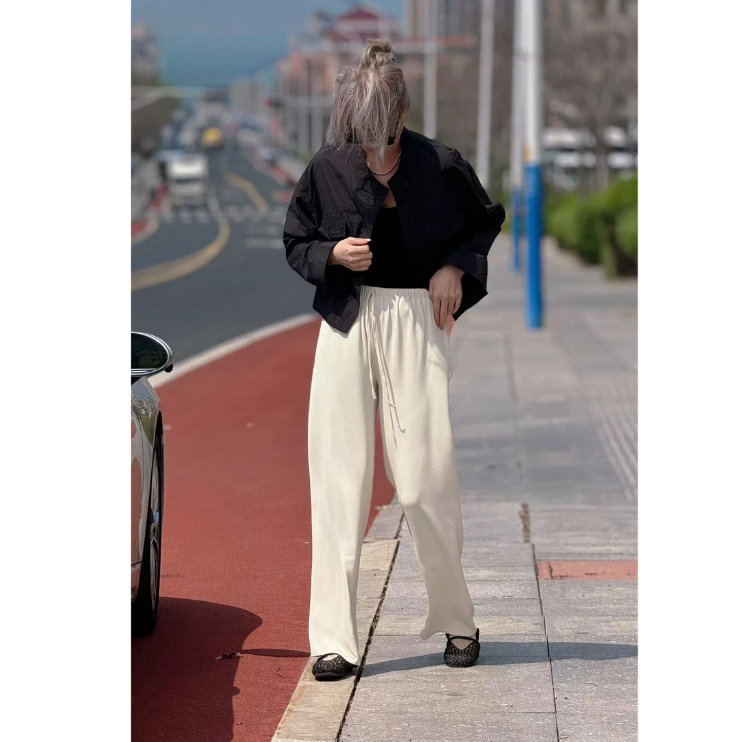 CJ  法式高级感 垂感高腰抽绳松紧腰直筒窄版阔腿休闲裤