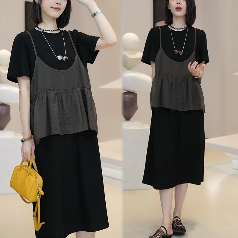 2025时尚气质休闲圆领假两件短袖女夏季气质显瘦吊带衫拼接连衣裙