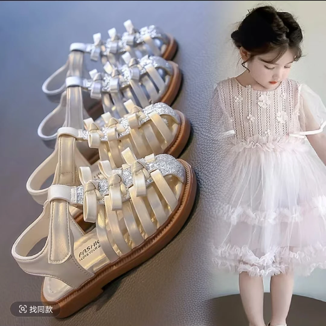 ABC女童韩版镂空包头凉鞋小女孩罗马鞋夏季闪亮水晶鞋演出鞋05