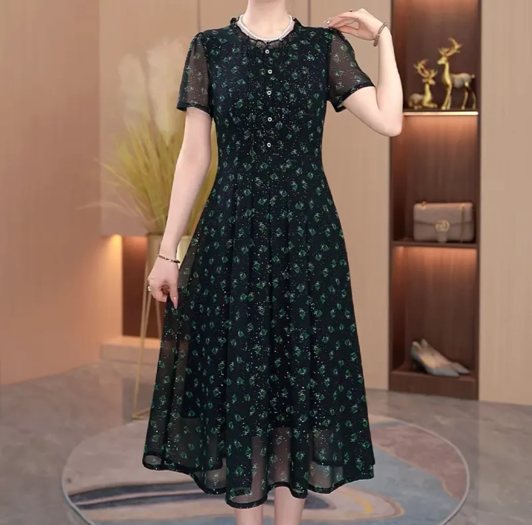 夏季新款修身显瘦遮肉洋气时尚女士法式气质中长款连衣裙