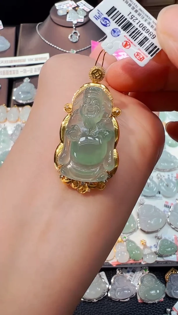 翡翠18K金镶嵌吊坠(不含链)财神爷吊坠1251