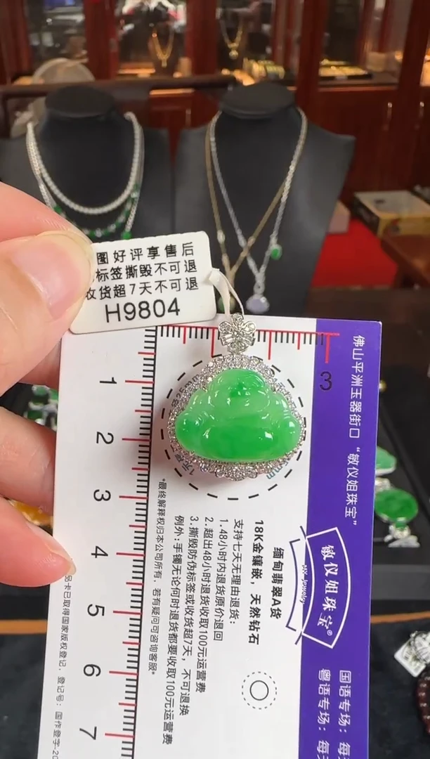 颈饰18K金镶嵌翡翠H9804冰绿佛公