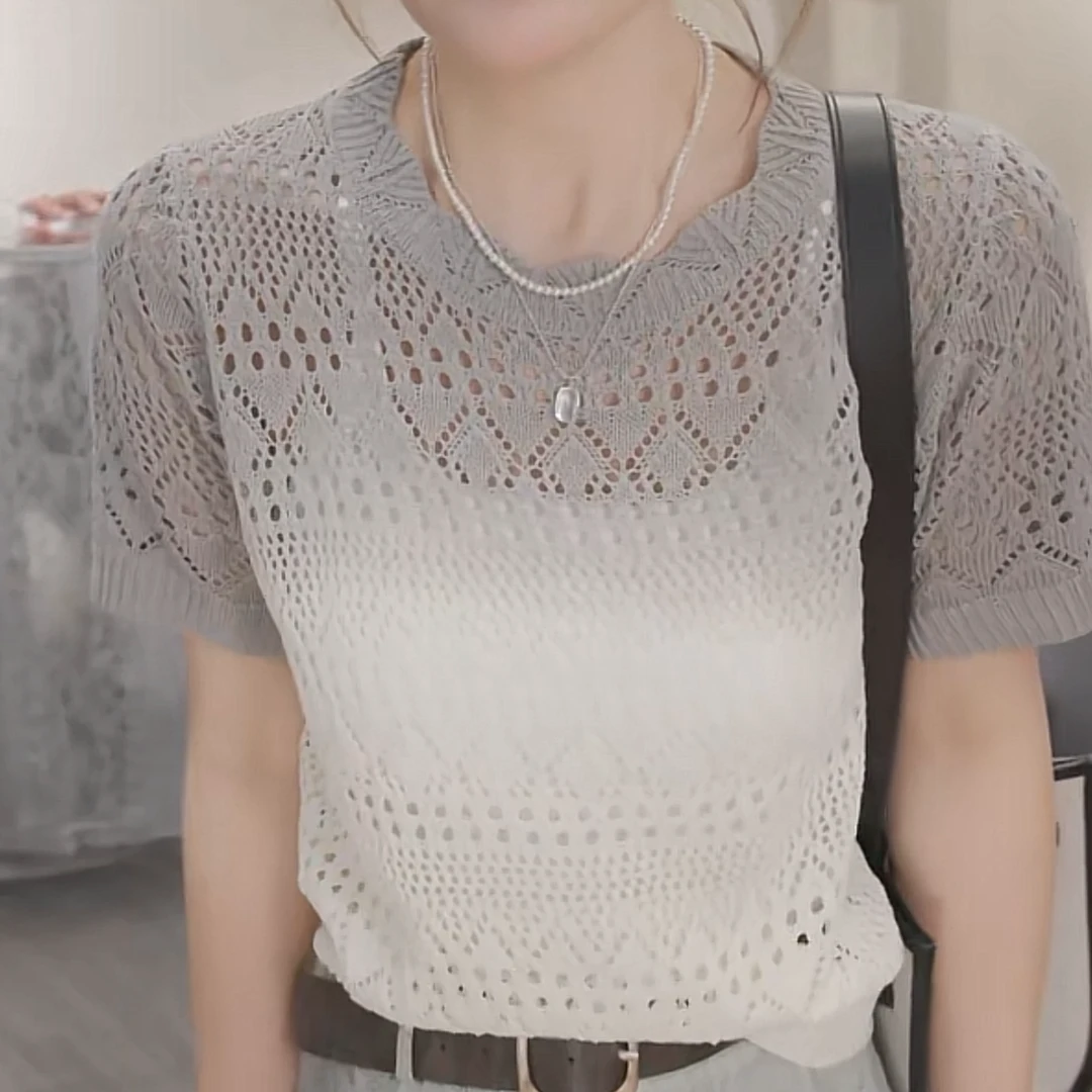 设计感镂空短袖渐变色毛衣女2025新款春夏时尚气质圆领套头针织衫