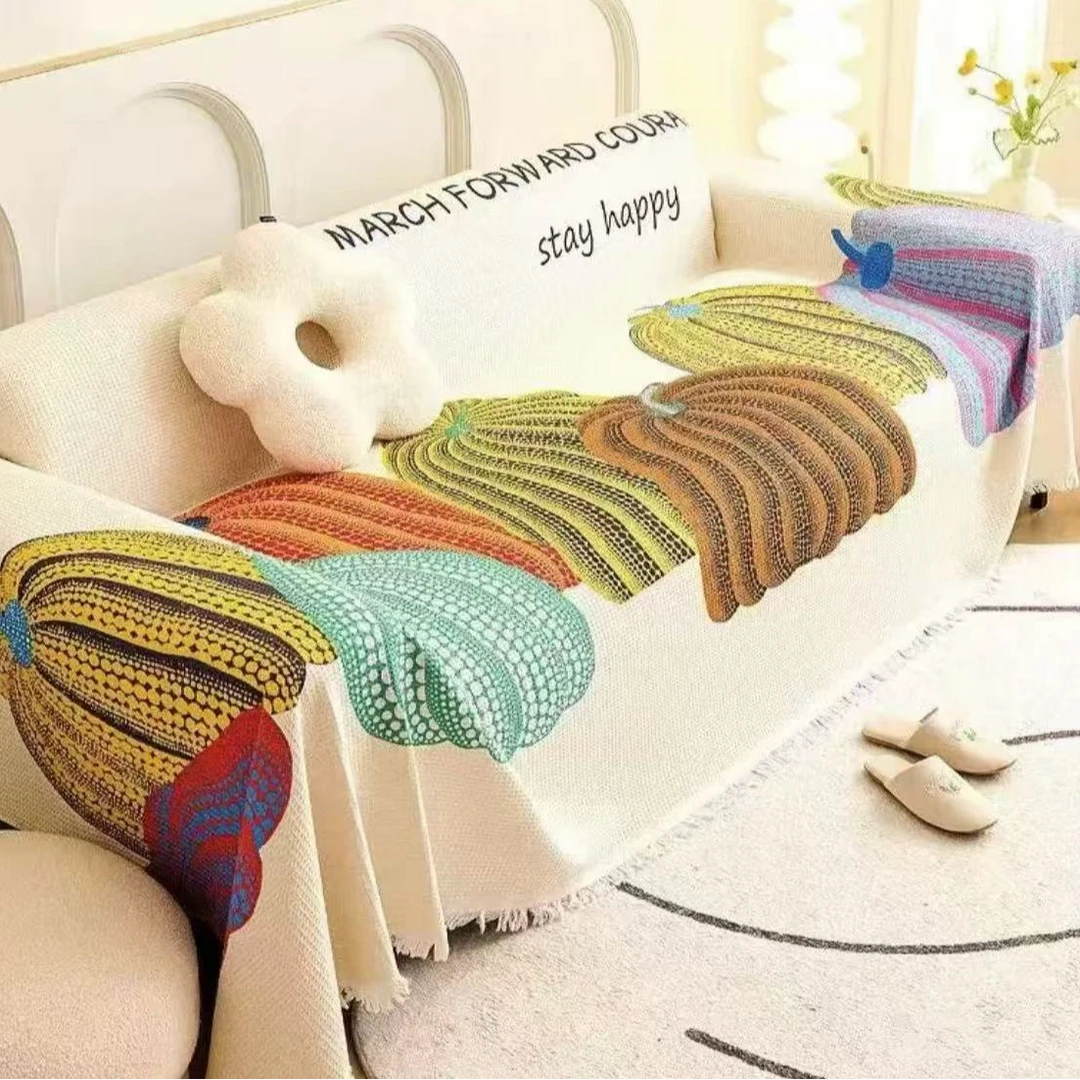 【多彩南瓜】90×240升级版加厚加密艺术品沙发巾刺绣编织提花防滑