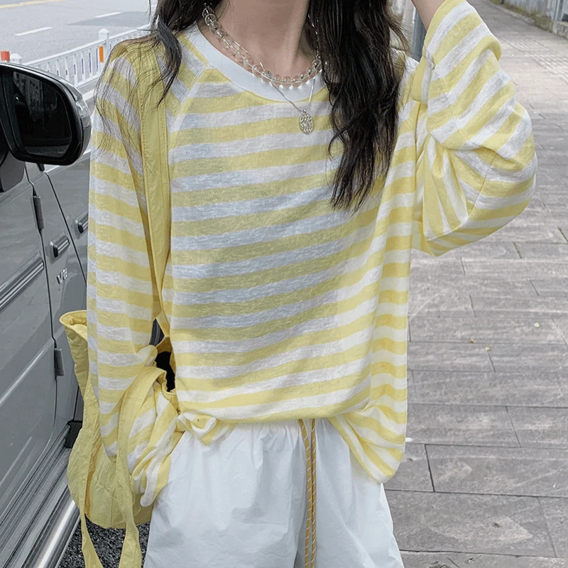 春季新款慵懒风百搭撞色休闲条纹长袖防晒T恤透气薄款显瘦上衣