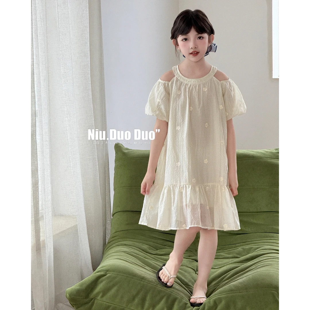 【小慕家】2025夏新款儿童洋气刺绣小白花休闲时尚连衣裙39222