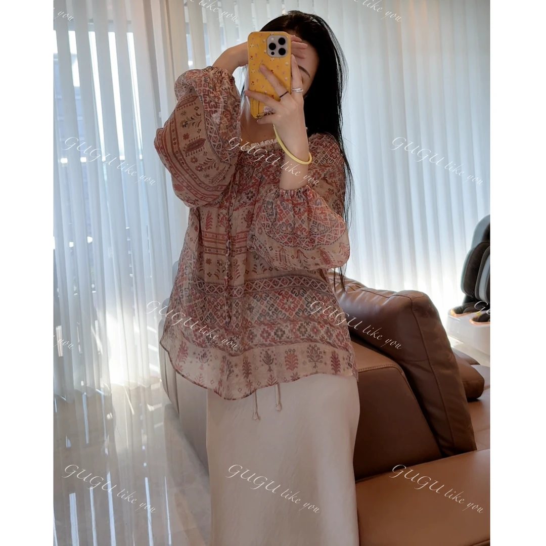 【古古】 防晒超薄透气莱赛尔苎麻特色小众印花上衣 G25570