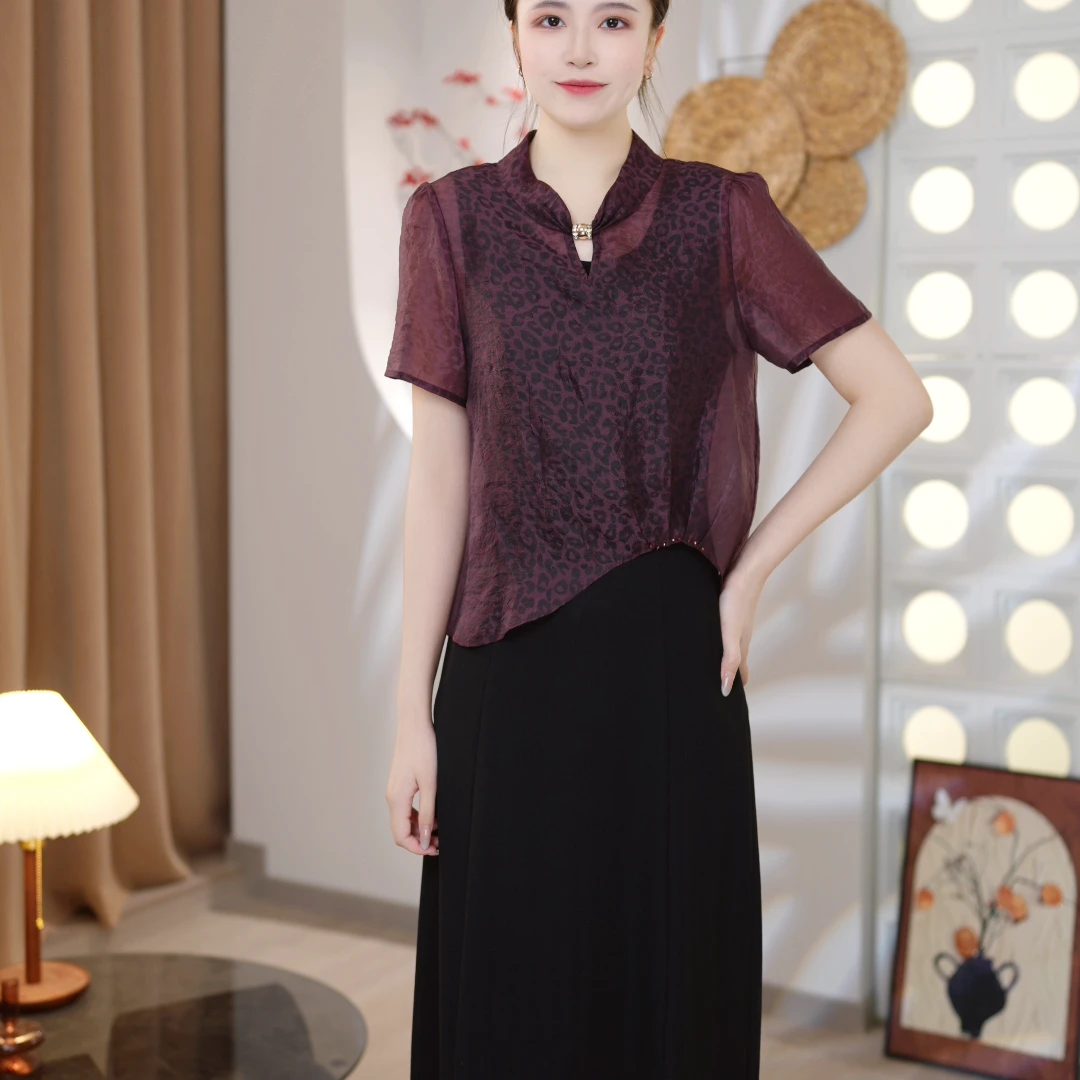 【欧菲雅】时尚休闲套装女夏季洋气显瘦紫色罩衫黑色背心群两件套