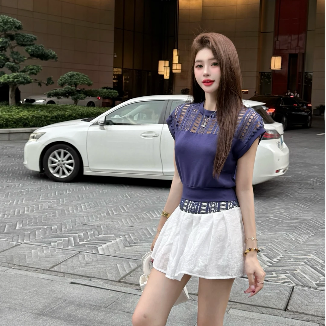 【十一家】原创【灰絮幽梦】设计感镂空无袖上衣女+网纱短裙套装L7715