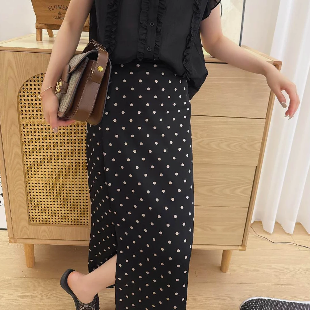 直筒微A波点半身裙女夏季新款高腰显瘦气质开叉中长款A字裙