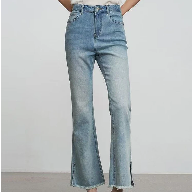 【慕妍专属】1056（裤长92左右）春款浅蓝色高腰开叉毛边微喇叭牛仔裤