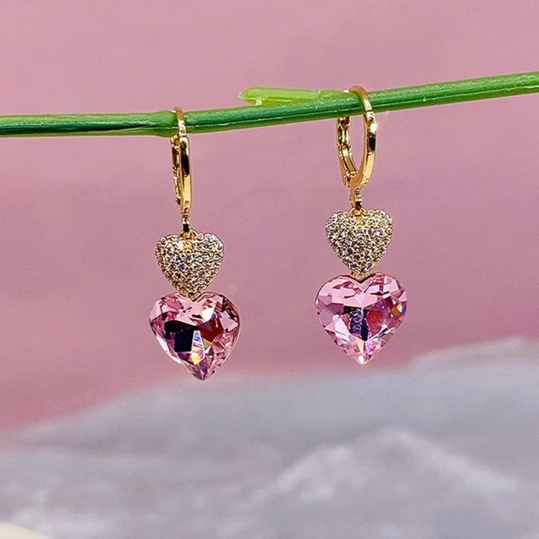 铜合金锆石耳饰 （439号）925银粉色爱心吊坠精致时尚百搭耳环