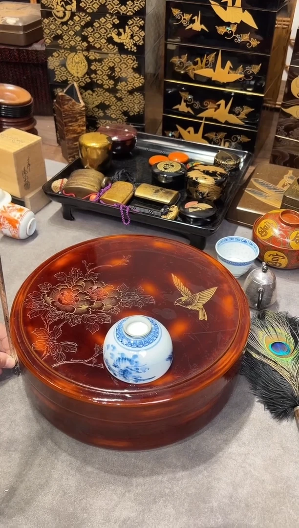 曙光塗 沈金雕刻内嵌螺钿 干漆茶仓