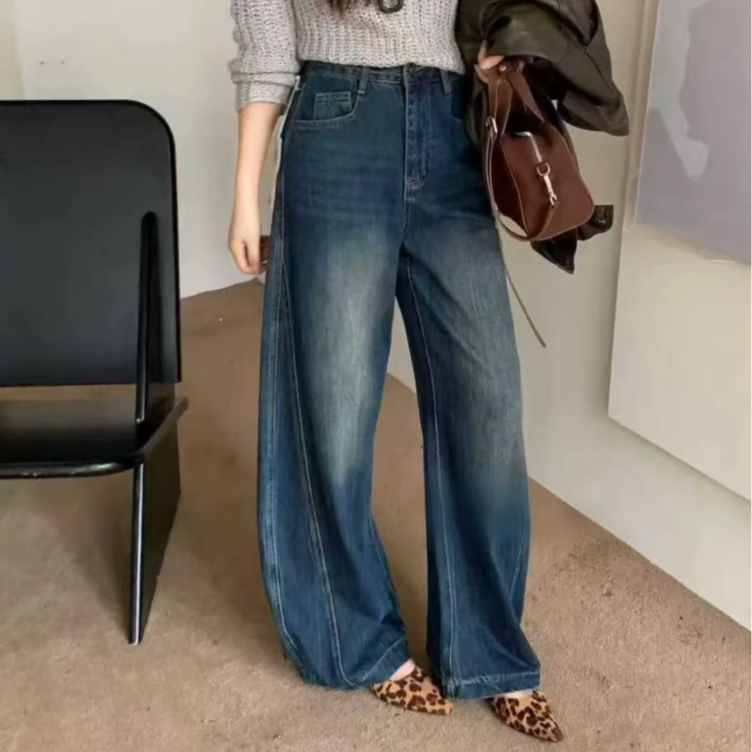 秋季高腰时尚复古宽松长裤牛仔裤大直筒裤设计感裤子百搭直筒